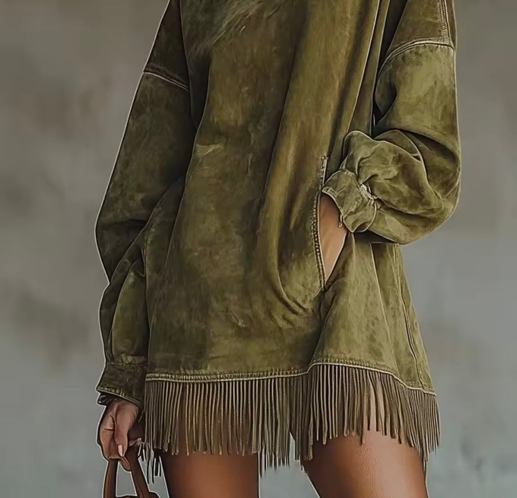 Velvet Grace Olive Green Long Sleeve Velvet Dress with Fringe Hem