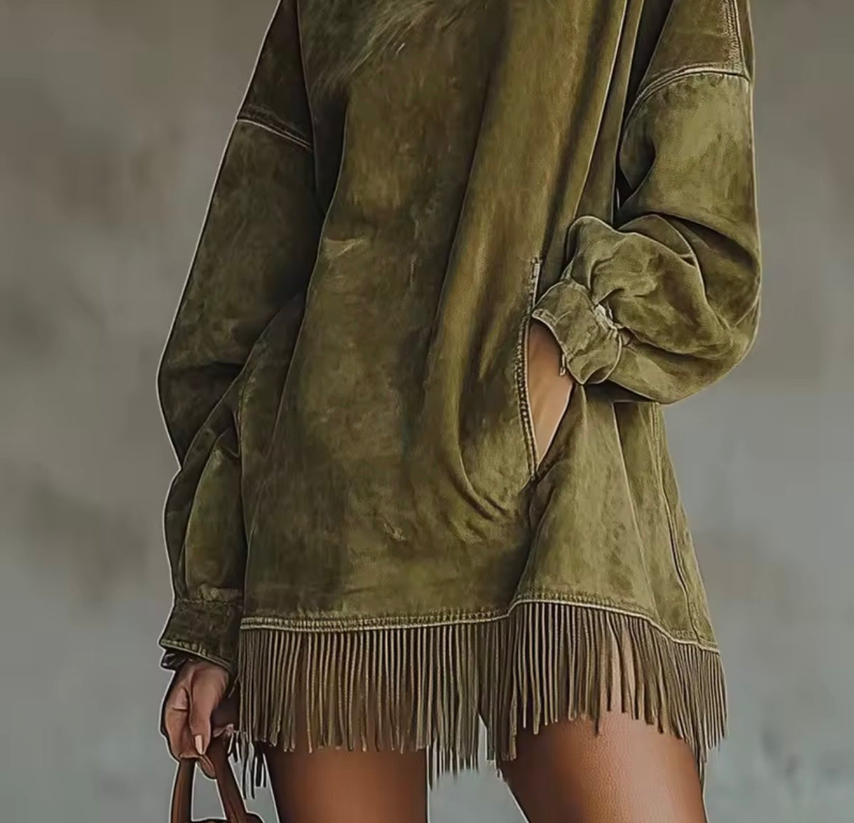 Velvet Grace Olive Green Long Sleeve Velvet Dress with Fringe Hem