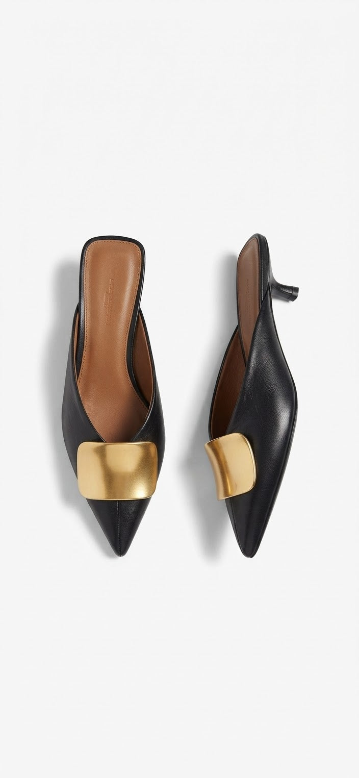 Monaco Black Heeled Mules – Pointed-Toe Shoes with Gold Detail