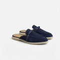 Sorrento Navy Blue Velvet Clogs – Leather Detail