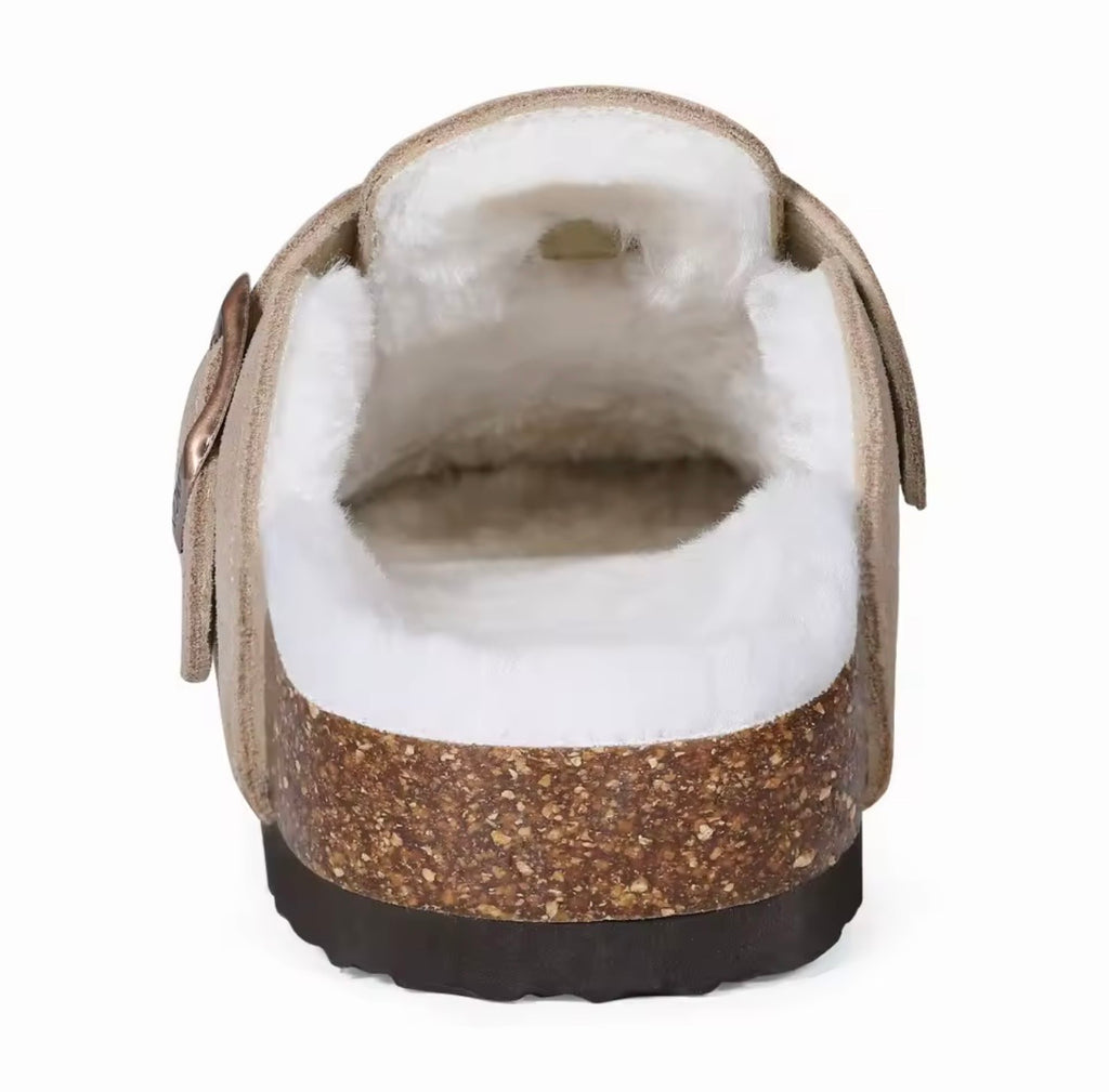 Khaki Plush-Lined Suede Clogs – Warm & Comfortable Slip-On Shoes
