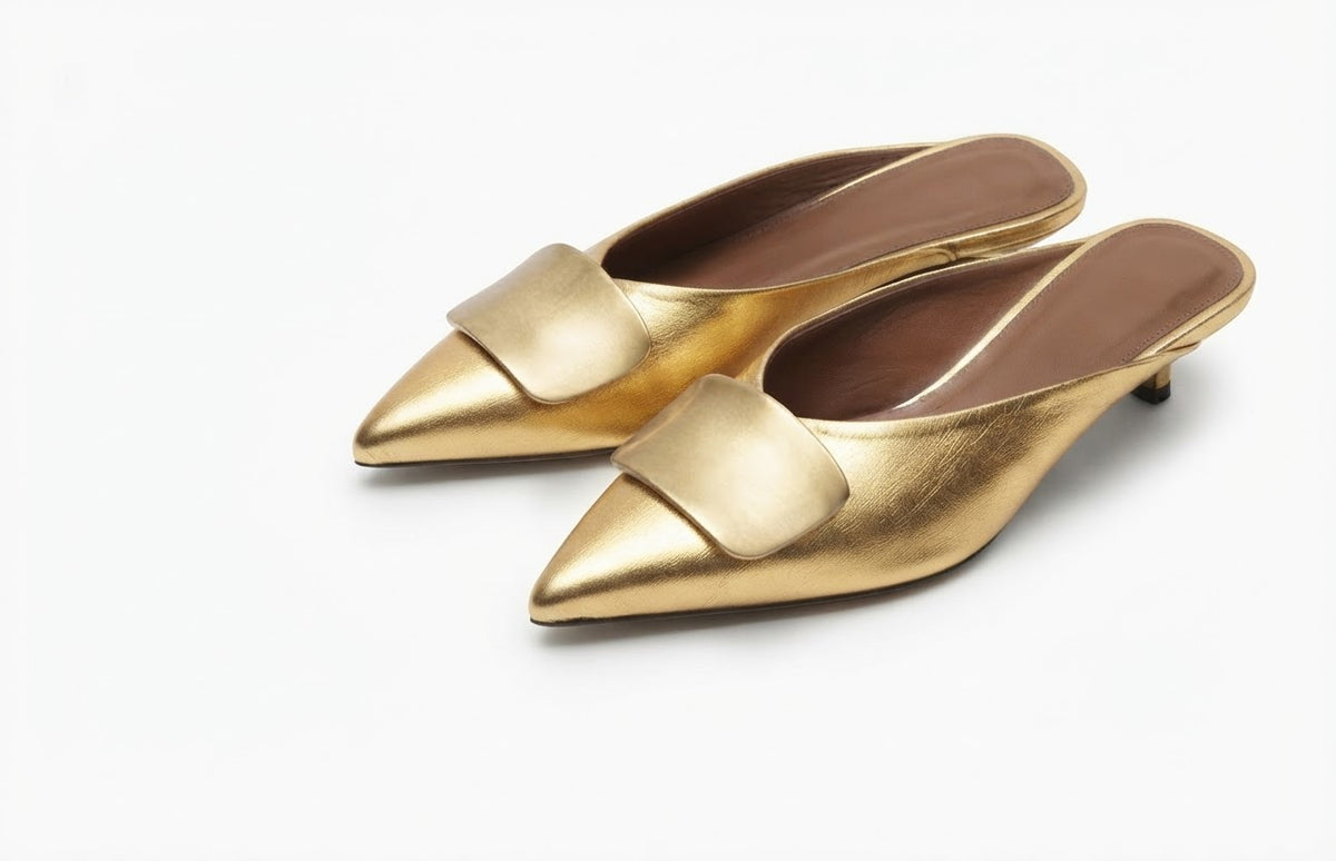 Monaco Gold Heeled Mules – Pointed-Toe Shoes with Gold Detail