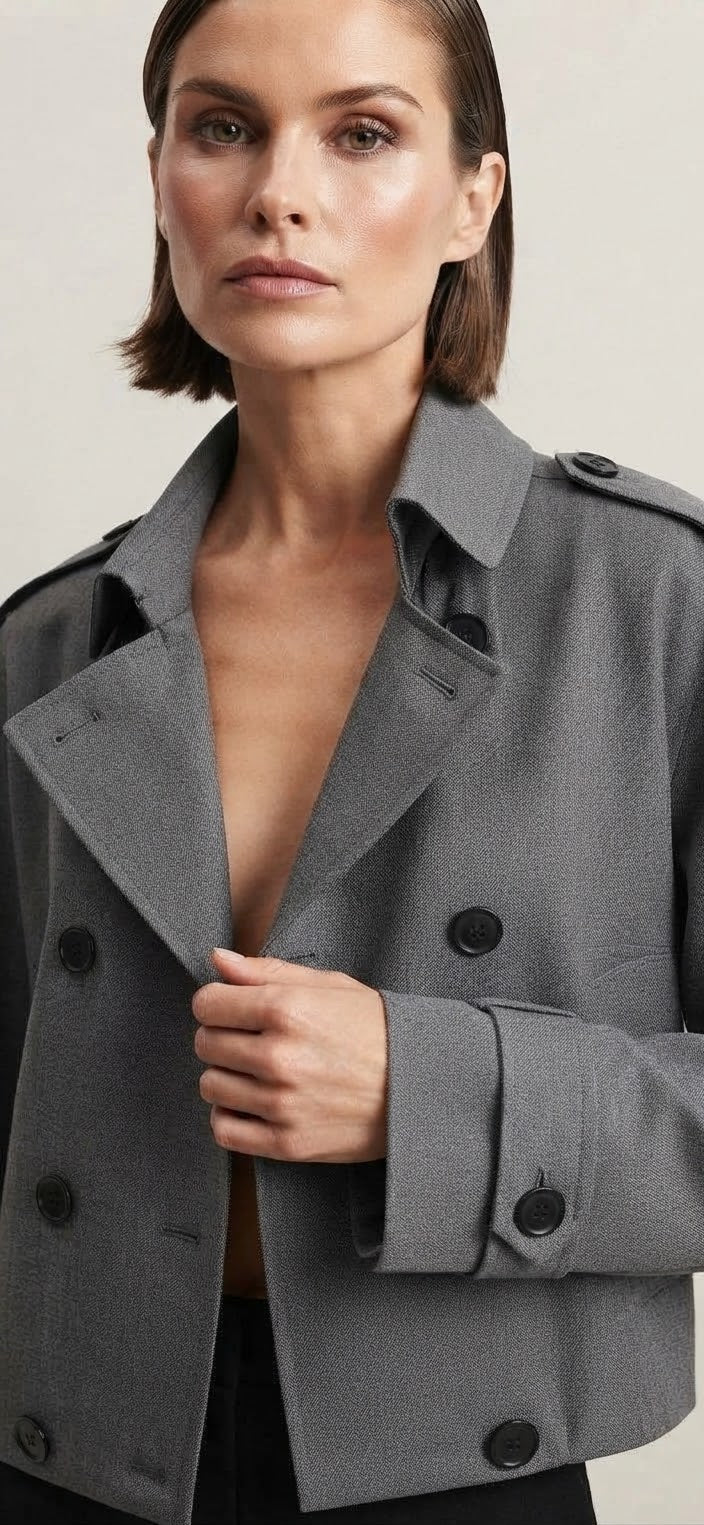 Vienna Grey Cropped Trench Jacket – Elegant Tailored Style