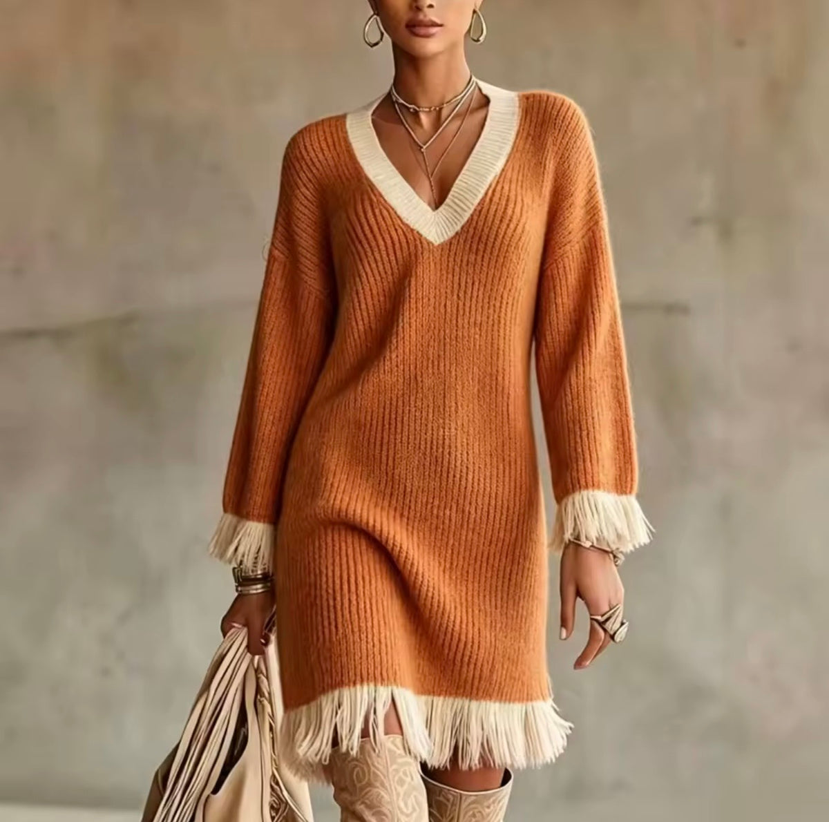Mila Orange Knit Dress with Fringe Details