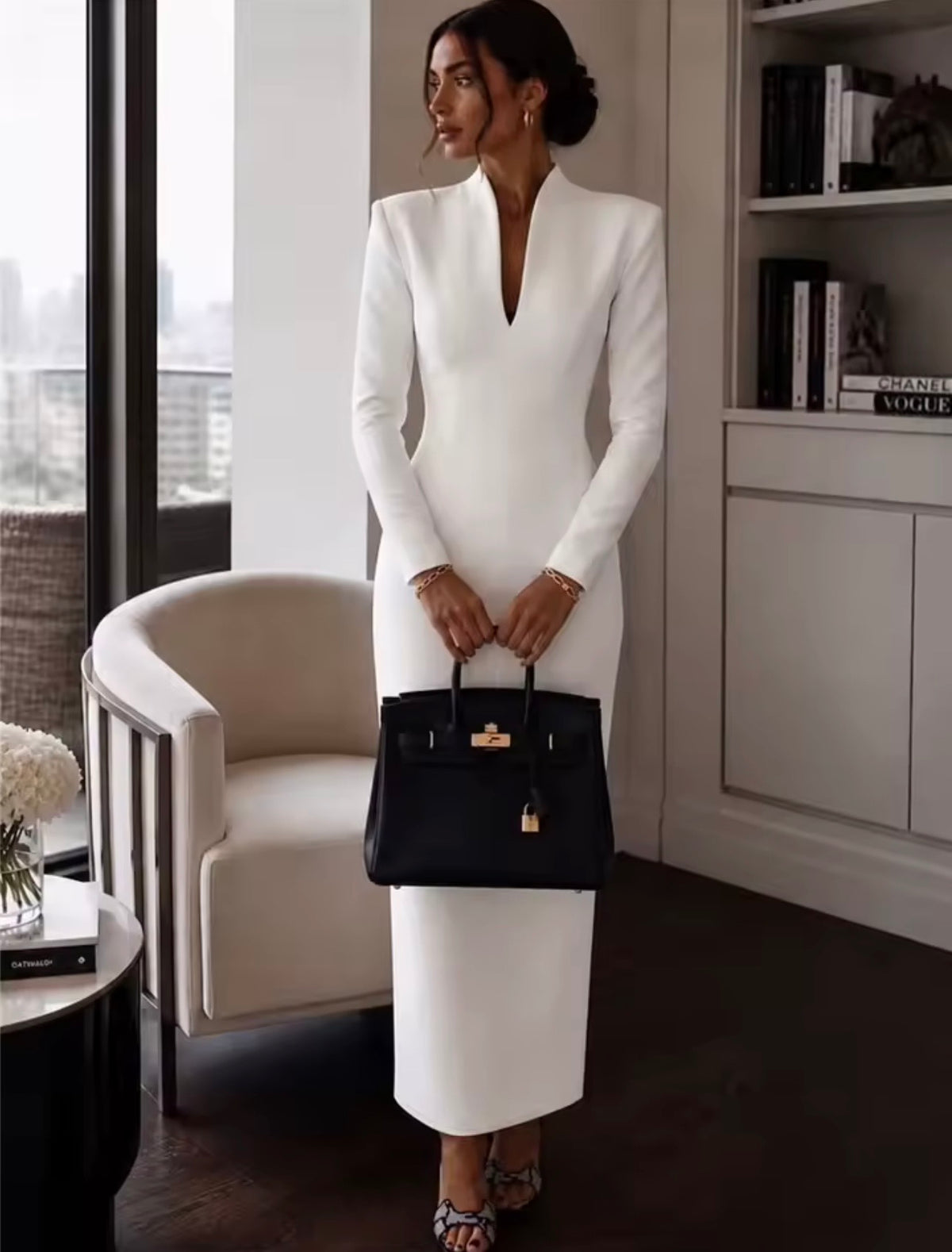 Verona White Long-Sleeve Fitted Dress