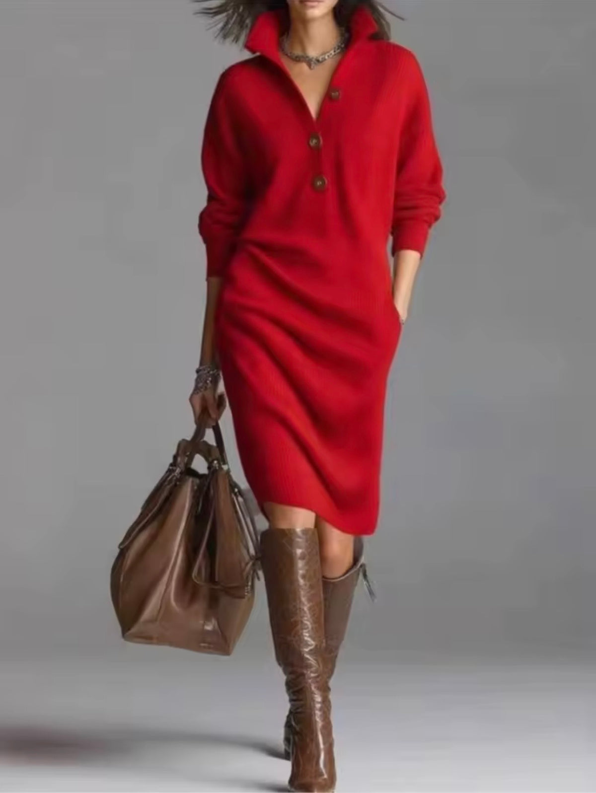 Aurora Red Loose Knit Long Sleeve Dress