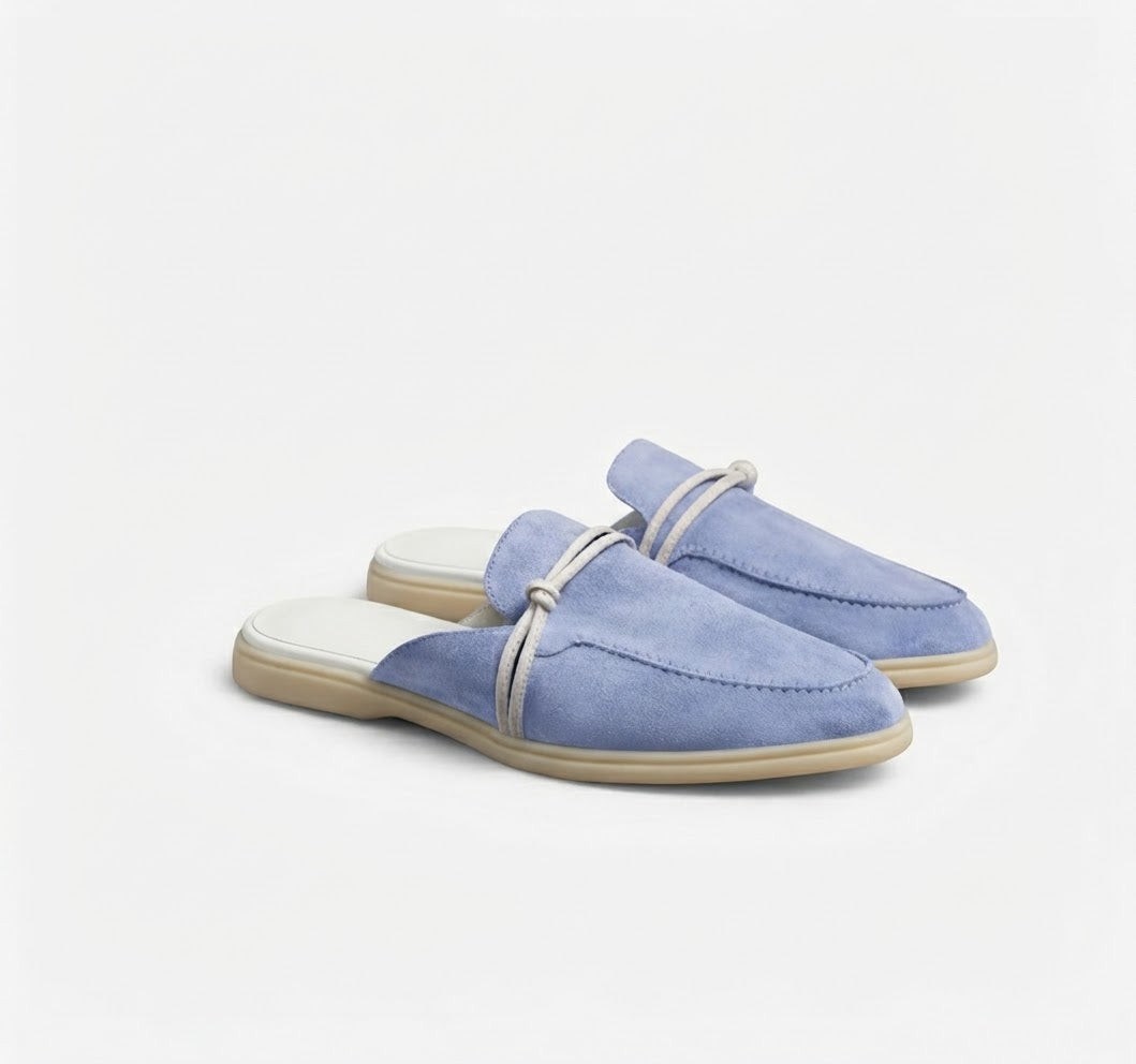 Sorrento Sky Blue Velvet Clogs – Leather Detail