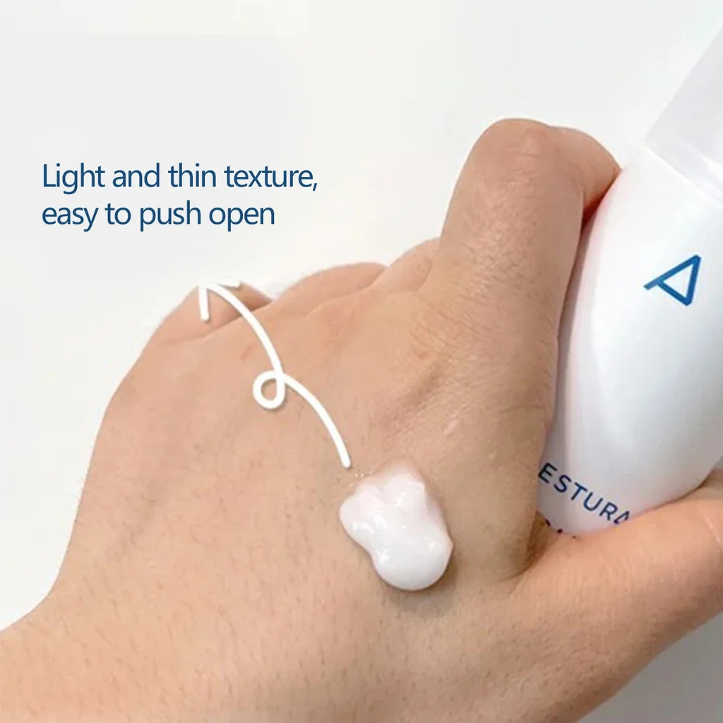 A hand holding a white cosmetic tube while a dollop of white cream is shown on the back of the hand, with text reading 'Light and thin texture, easy to push open'.