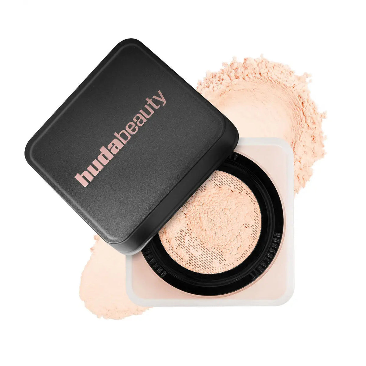 Hudabeauty compact powder with open lid on a white background