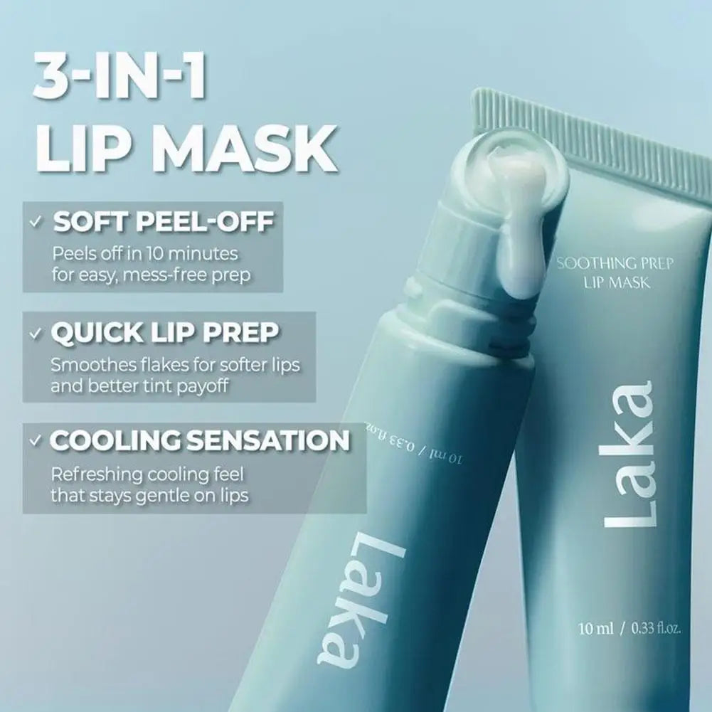 Laka 3-in-1 lip mask with product details on a light blue background