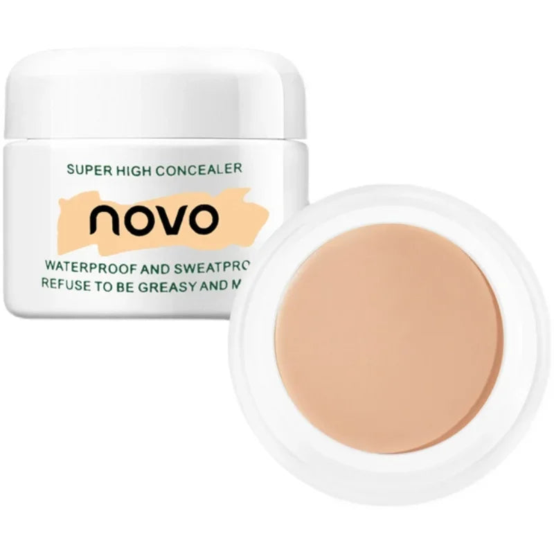 Super high concealer jar with beige cream and 'novo' branding on a white background